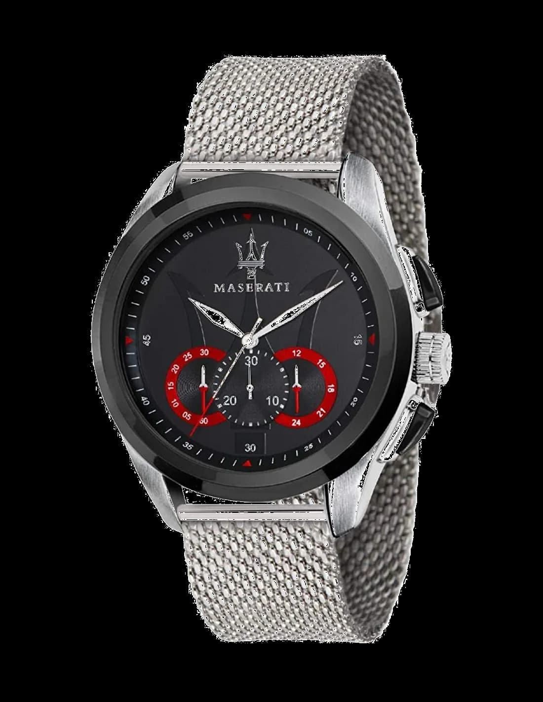 Garde-temps Maserati R8873612005 avec cadran noir soleillé, aiguilles bâton et index appliqués pour lisibilité optimale