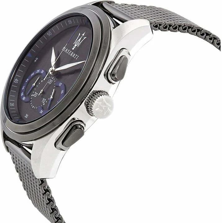 Lunette boîtier Maserati R8873612006 en acier gunmétal de 43 mm à finition brossée et lunette lisse polie, étanche 10 ATM
