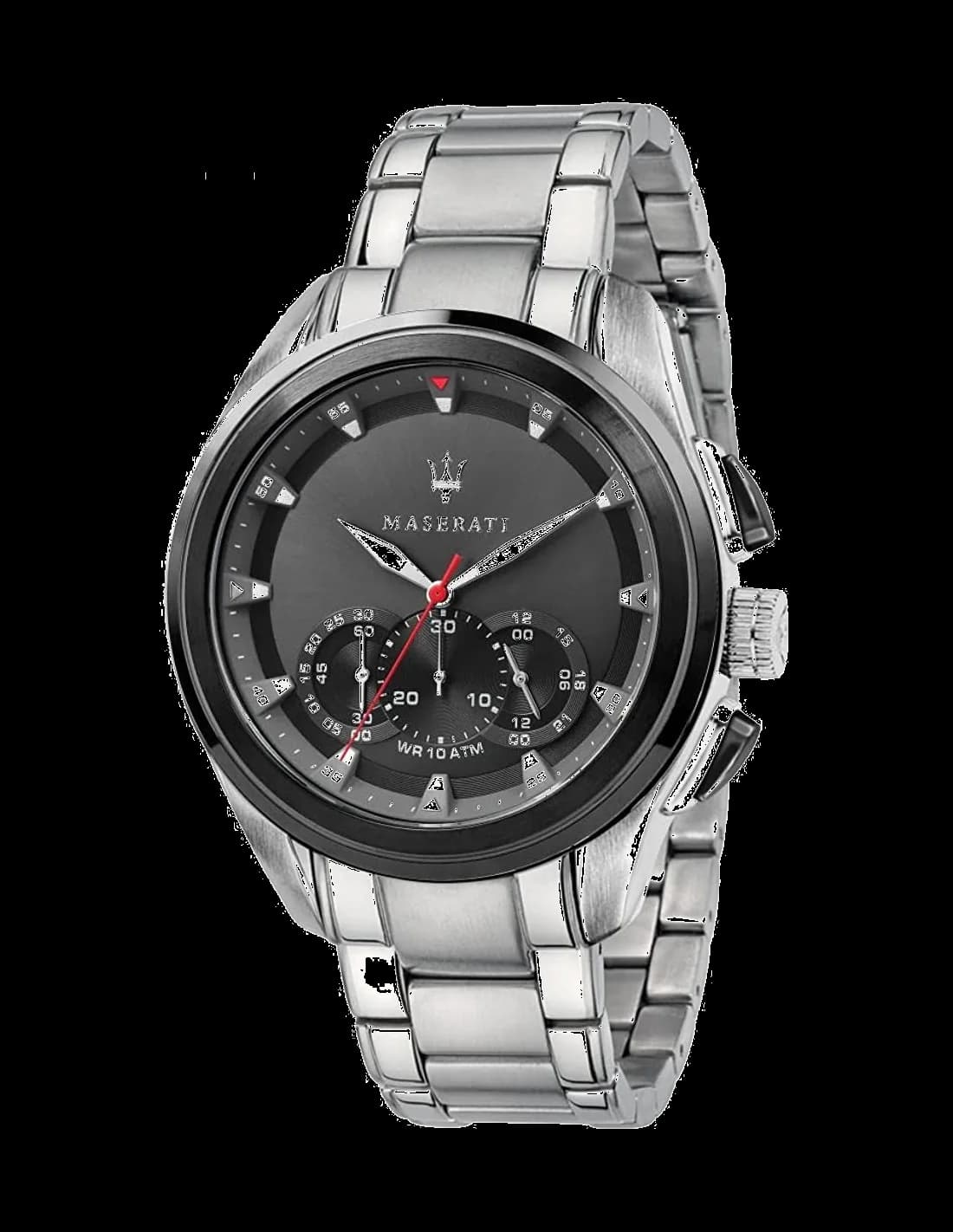 Garde-temps Maserati R8873612015 avec cadran noir soleillé, aiguilles bâton et index appliqués, style sport-élégant