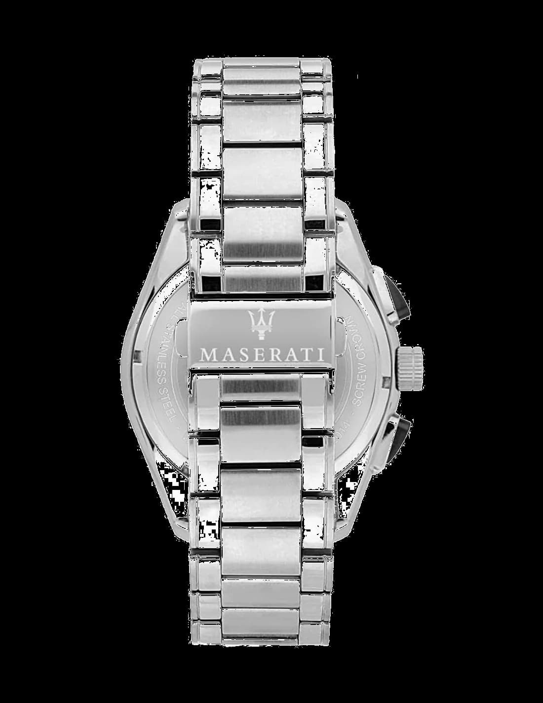 Visage cadran Maserati R8873612015 dévoile index bâton polis, aiguilles luminescentes, guichet date 3h, mouvement quartz chronographe