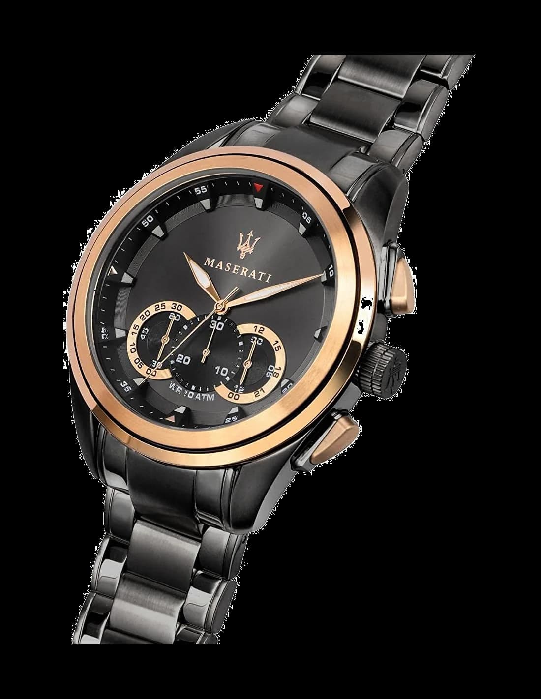 Visage cadran Maserati R8873612016 avec compteurs chronographe à 6h, 9h et 12h, guichet date à 4h30 et minuterie tachymétrique périphérique
