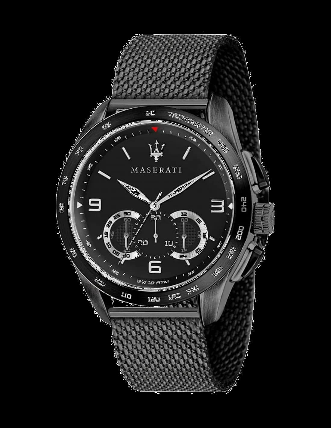 Garde-temps Maserati R8873612031 affichant cadran gris soleillé avec index appliqués et aiguilles bâton sur fond noir mat