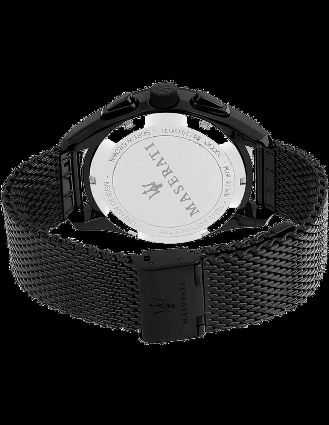 Attache bracelet Maserati R8873612031 en maille milanaise noire intégrée avec fermoir déployant double boucle et poussoirs sécurité