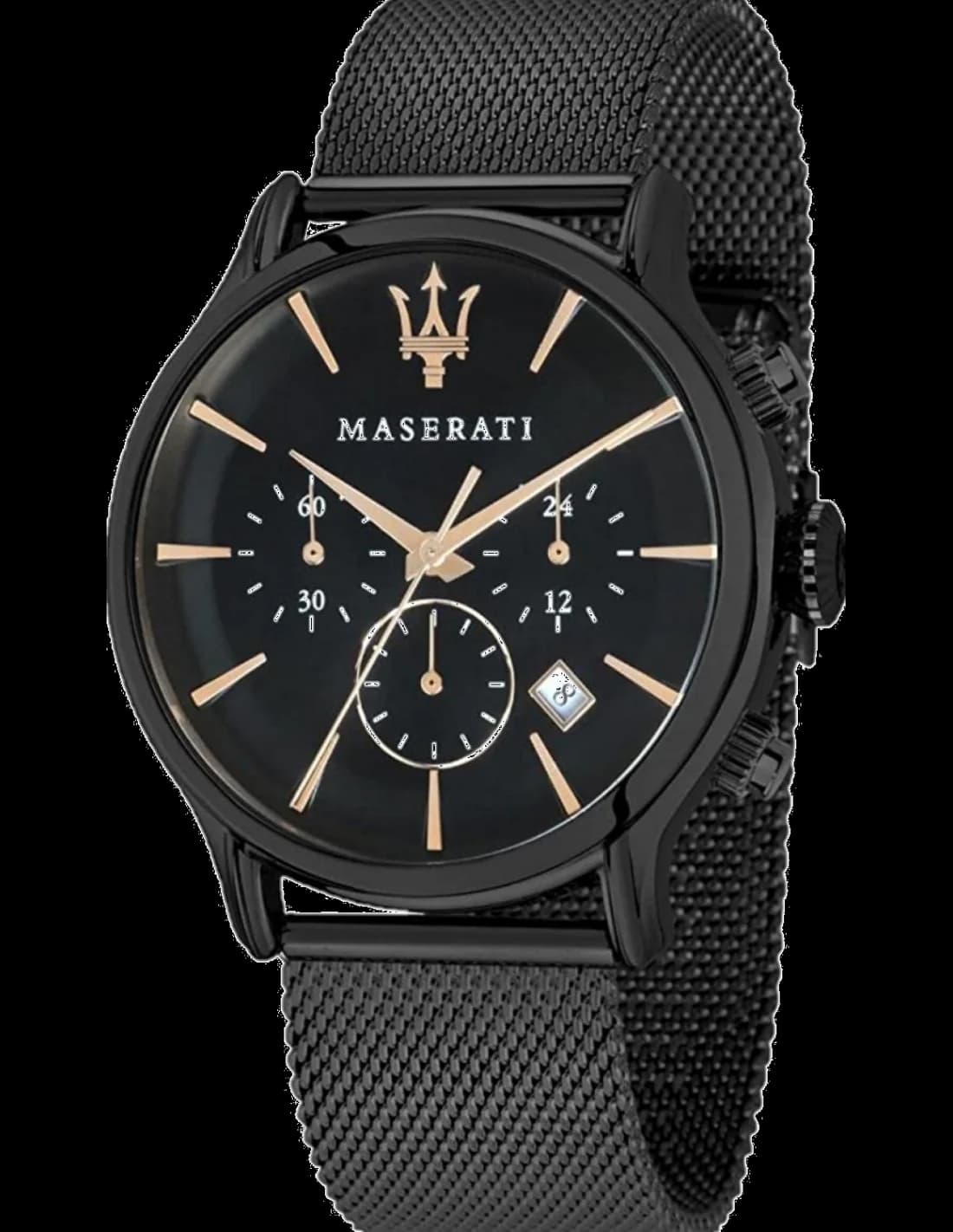 Garde-temps Maserati R8873618006 avec cadran noir soleillé, aiguilles et index bâton polis sur fond mat