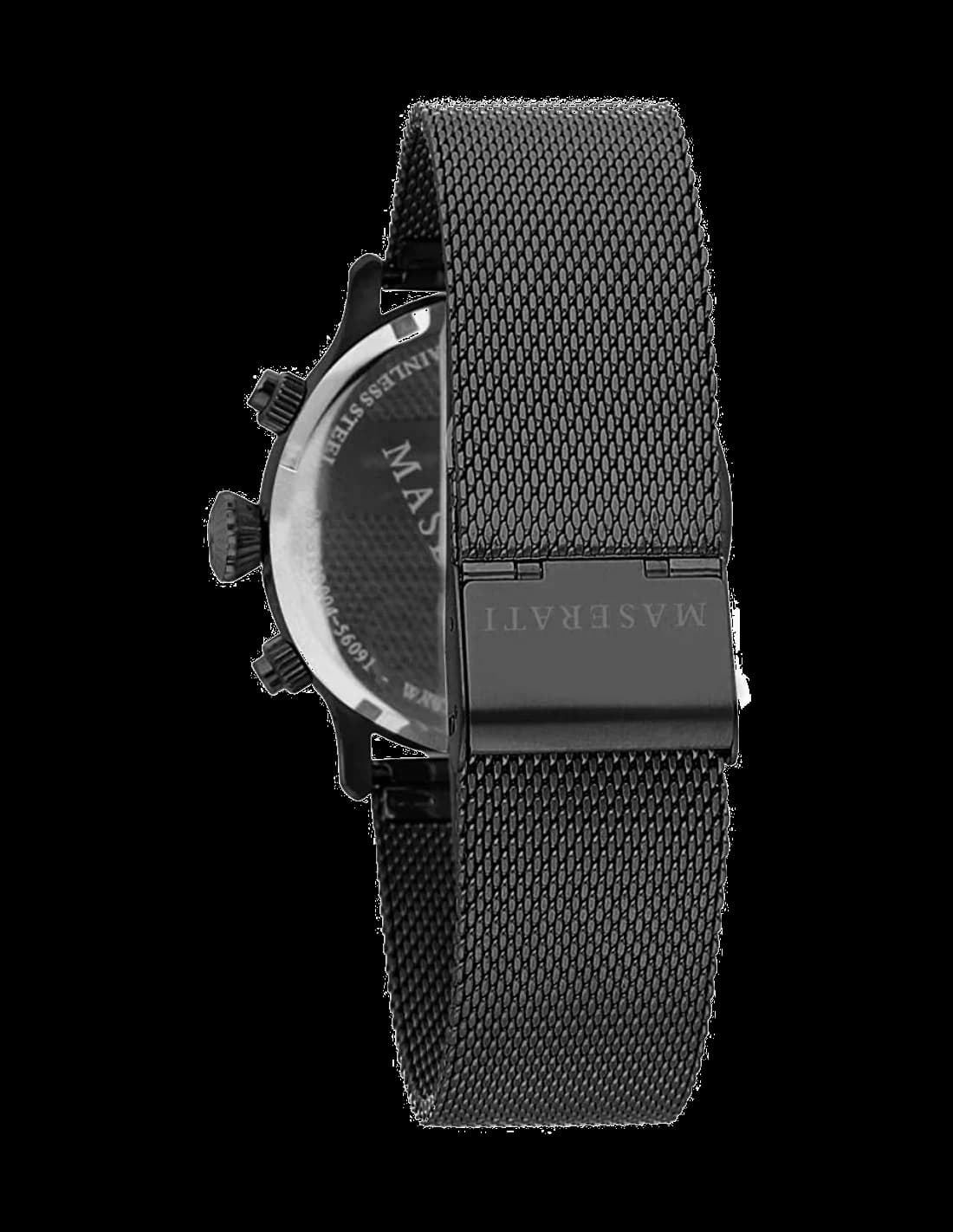 Attache bracelet Maserati R8873618006 en acier inoxydable brossé, maille milanaise noire, fermoir déployant double sécurité