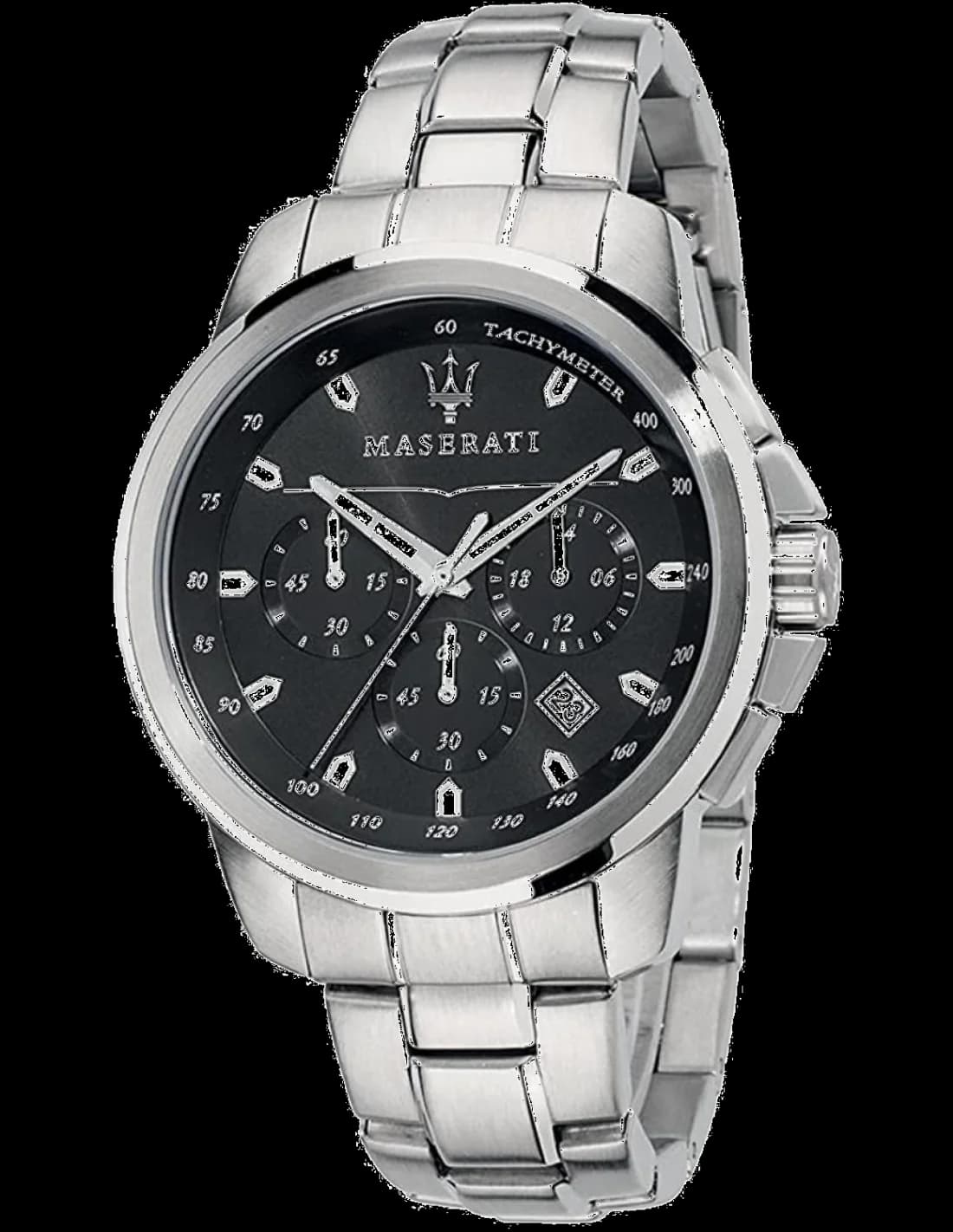 Garde-temps Maserati R8873621001 avec cadran noir soleil, aiguilles luminescentes et index appliqués sur fond mat