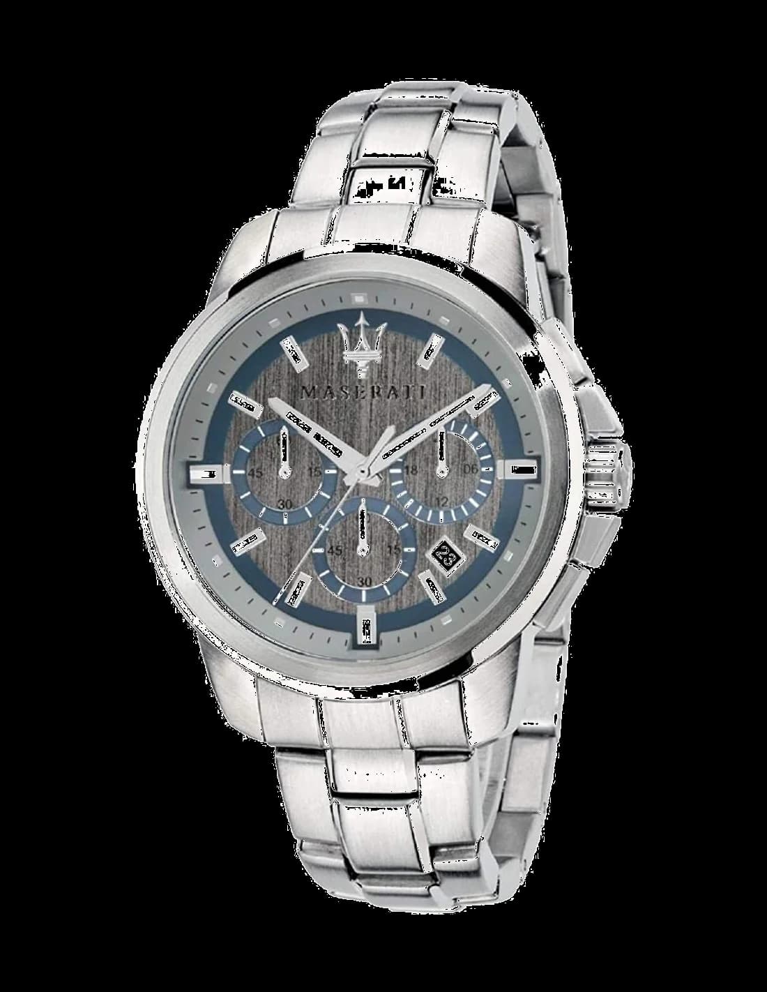 Garde-temps Maserati R8873621006 avec cadran gris soleillé, aiguilles bâton et index appliqués, mouvements suisses