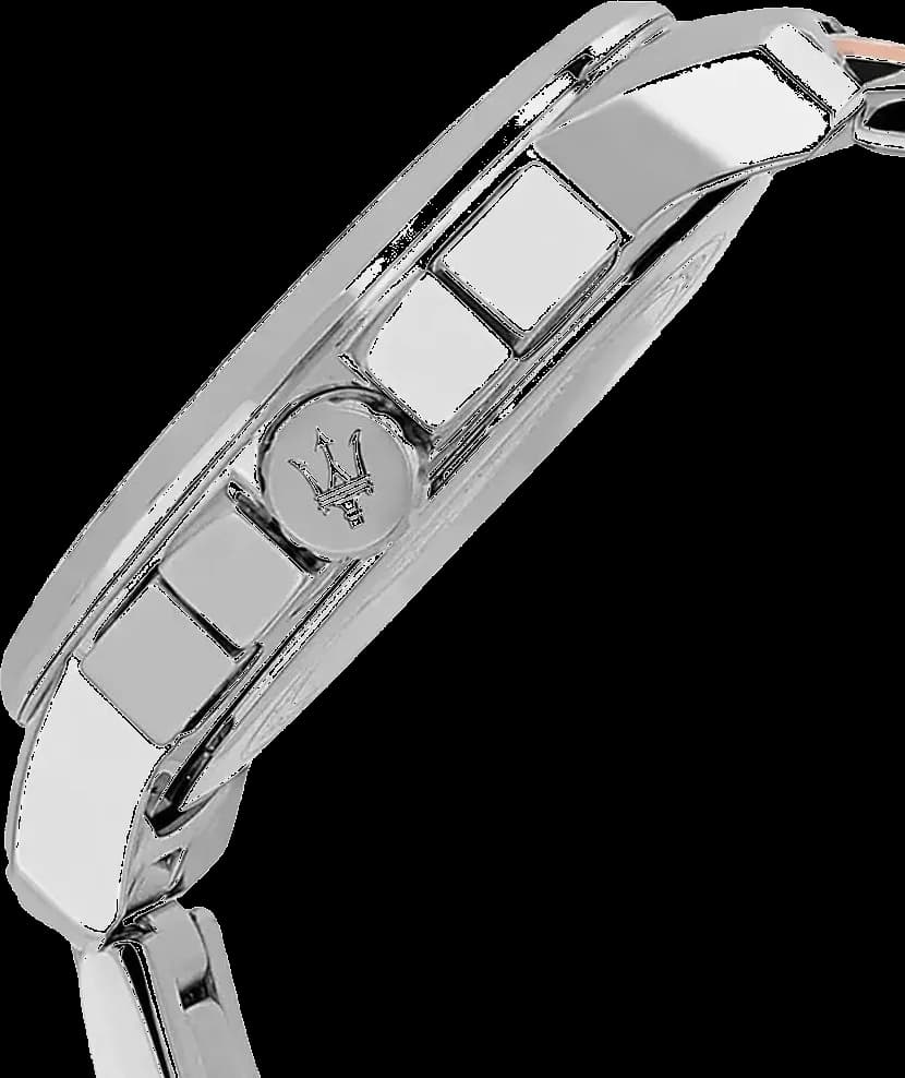 Visage cadran Maserati R8873621008 index appliqués argentés, aiguilles dauphine, guichet date 4h30, mouvement quartz suisse
