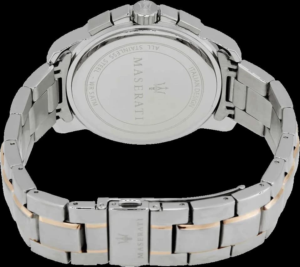 Attache bracelet Maserati R8873621008 maillons acier bicolore or rose et argent, fermoir déployant double sécurité, finition polie