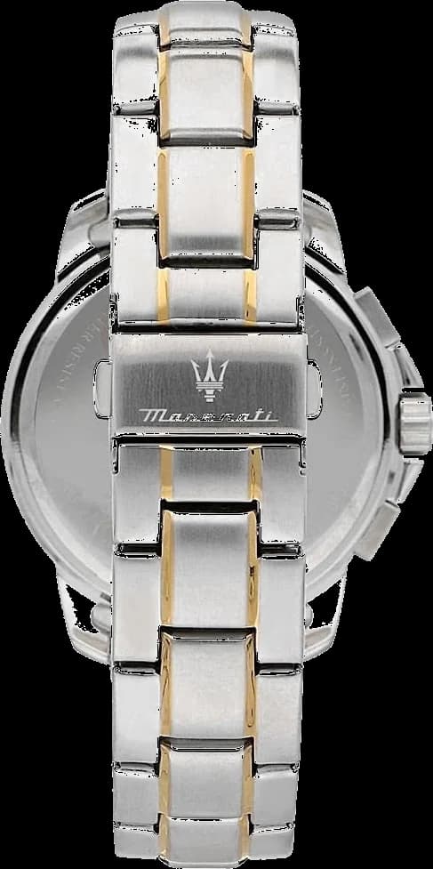 Attache bracelet Maserati R8873621016 se compose de maillons acier bicolore or rose et argent, fermoir déployant double sécurité, boucle gravée du trident Maserati