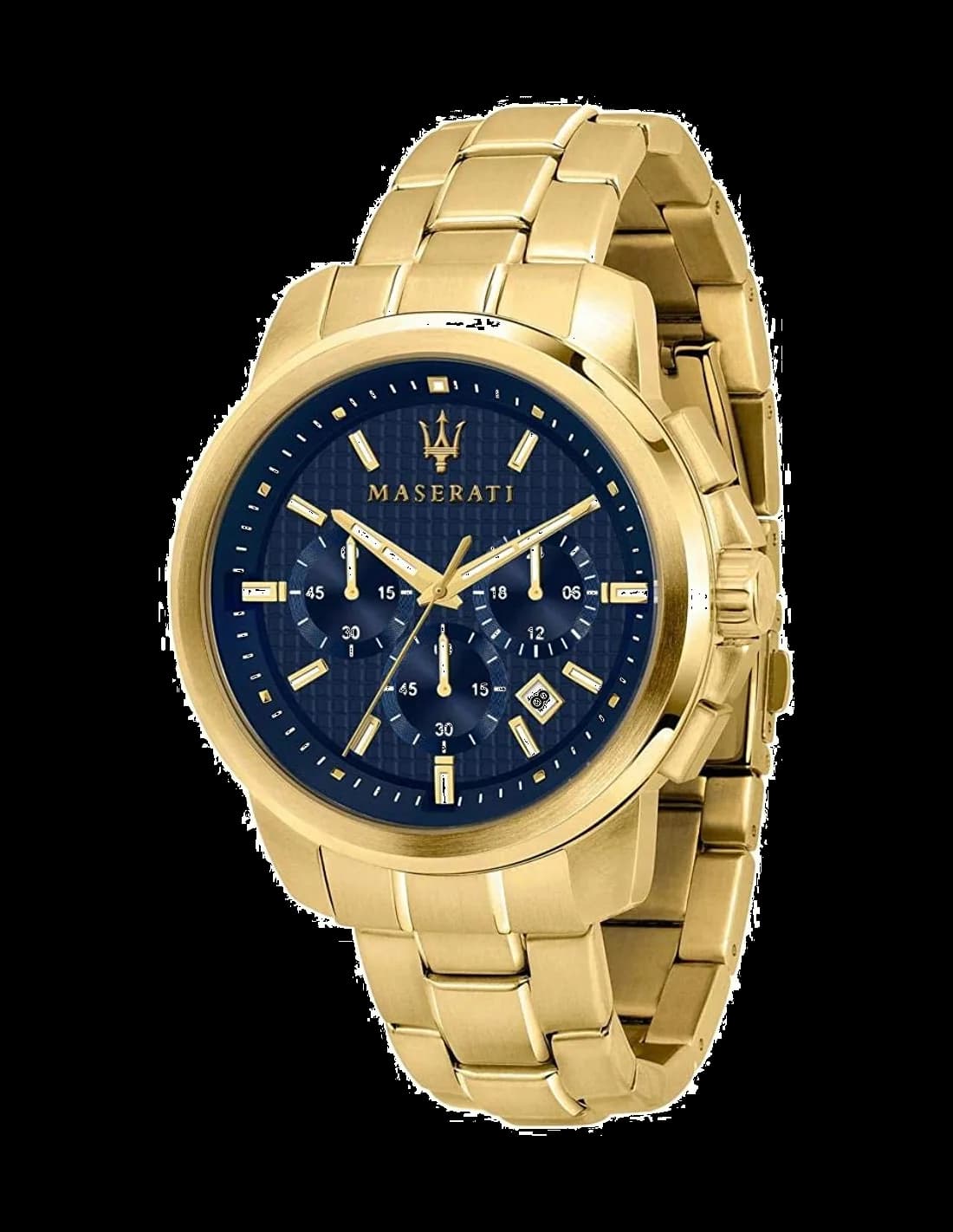 Garde-temps Maserati R8873621021 avec cadran noir soleillé, aiguilles bâton et index appliqués, guichet date à 3h