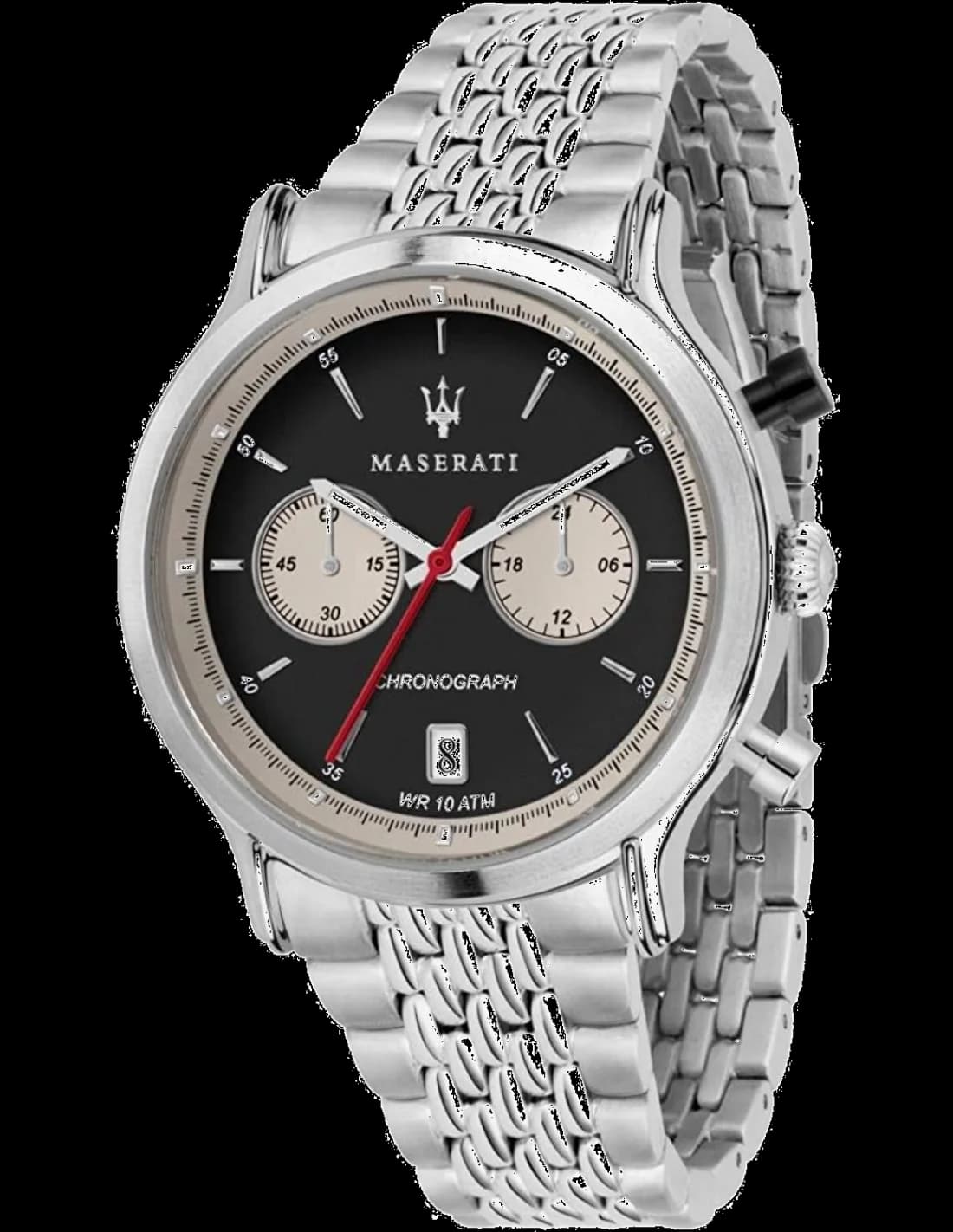 Garde-temps Maserati R8873638001 avec cadran noir soleillé, compteurs chronographe blancs et aiguilles luminescentes