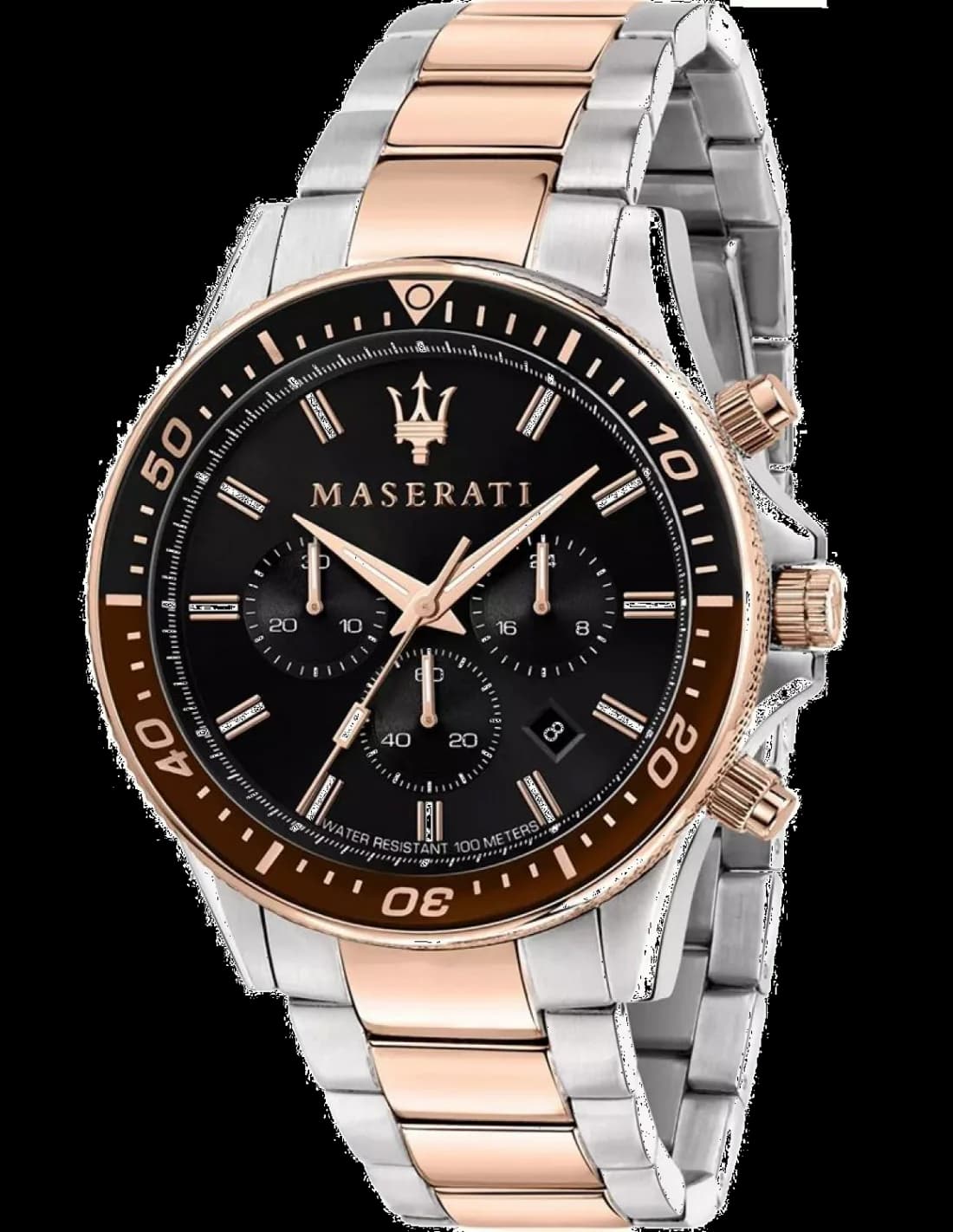 Garde-temps Maserati R8873640009 affichant cadran argenté soleillé avec index bâtons appliqués et aiguilles dauphine polies