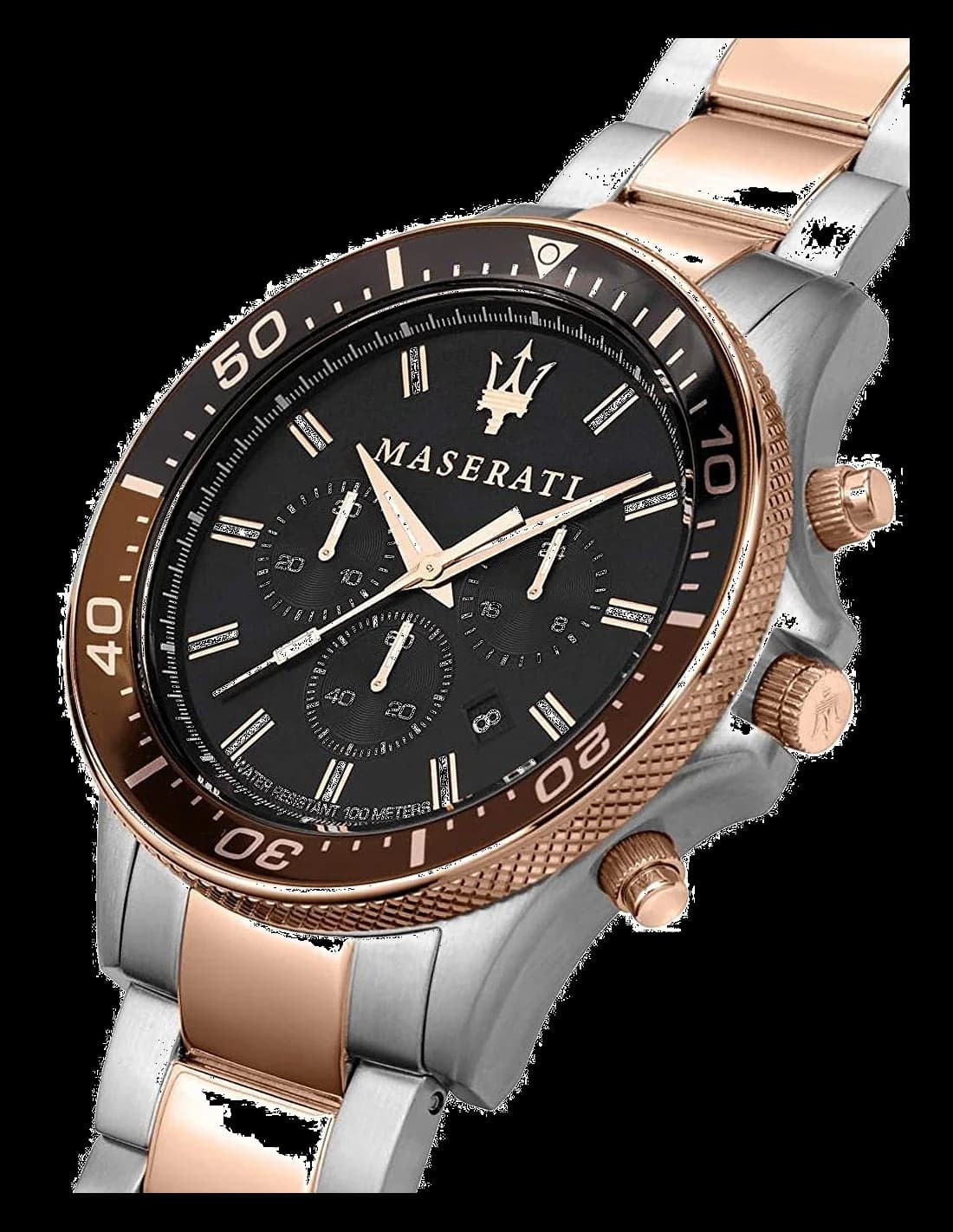 Visage cadran Maserati R8873640009 avec compteur 30 minutes et petite seconde à 6h, index bâtons et chiffres arabes alternés