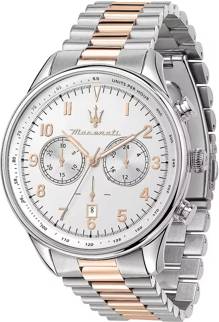 Garde-temps Maserati R887364002 au cadran noir soleillé avec compteurs chronographe, index bâtons et aiguilles luminescentes