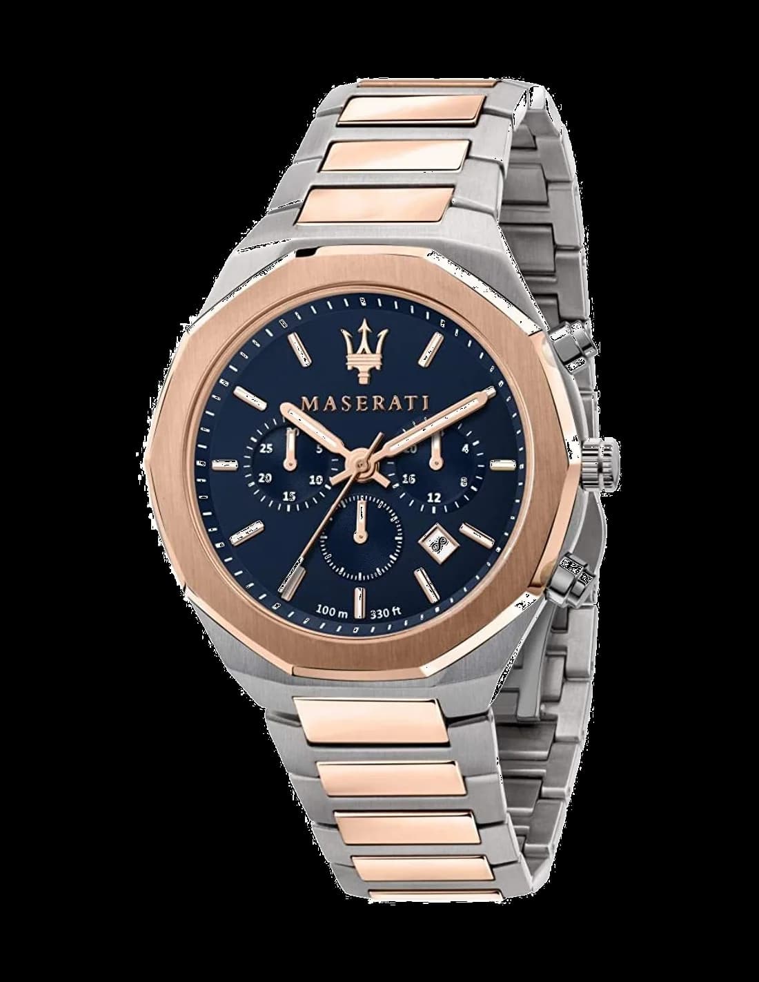 Garde-temps Maserati R8873642002 au cadran soleillé bleu, finition polie et index appliqués pour lisibilité maximale