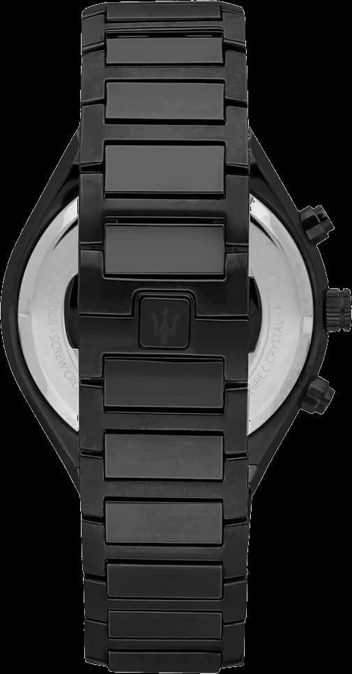 Attache bracelet Maserati R8873642005 en acier noir mat avec boucle déployante gravée du logo Maserati et motif textile