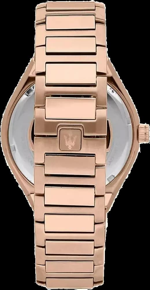 Lunette boîtier Maserati R8873642007 en acier PVD or rose 44 mm, lunette fixe polie, glace saphir et couronne crantée gravée du logo Maserati