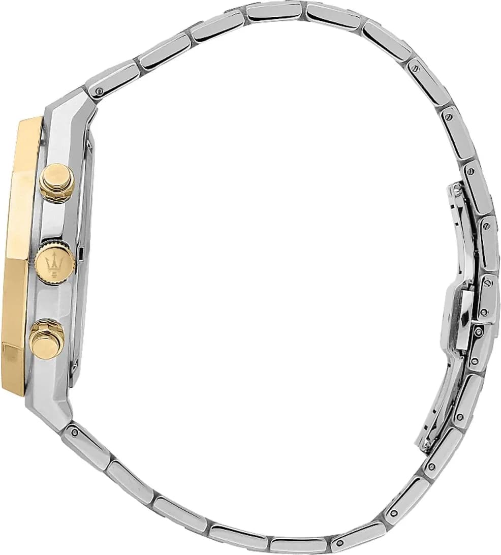 Attache bracelet Maserati R8873642009 en acier bicolore or et argent, fermoir déployant double sécurité, maillons satinés et polis alternés