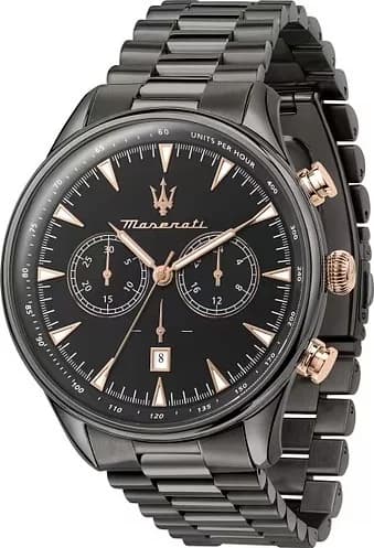 Garde-temps Maserati R8873646001 présente cadran argenté soleillé avec compteurs chronographe noirs et aiguilles luminescentes