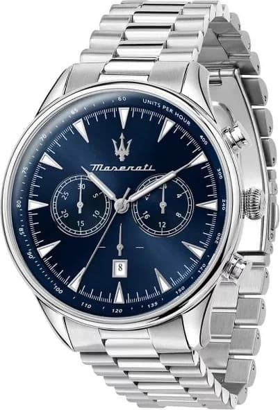 Garde-temps Maserati R8873646005 au cadran argent soleil, index appliqués et aiguilles trèfle, style sport chic