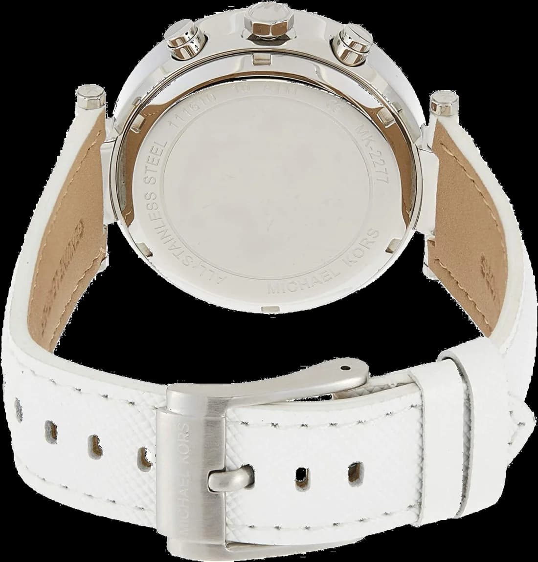 Attache bracelet Michael Kors MK2277 en cuir blanc cousu main avec boucle ardillon dorée, fermeture sécurisée et ajustement confortable