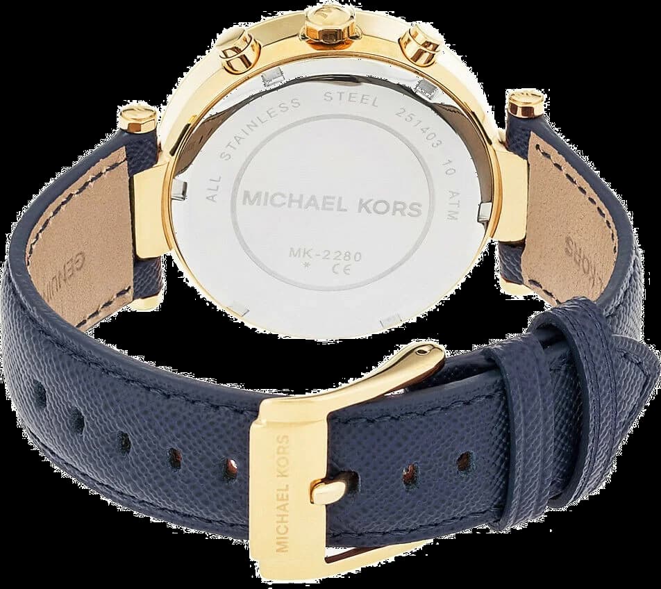 Attache bracelet Michael Kors MK2280 en cuir marine à motif croco, fermoir déployant triple doré, doublure cuir