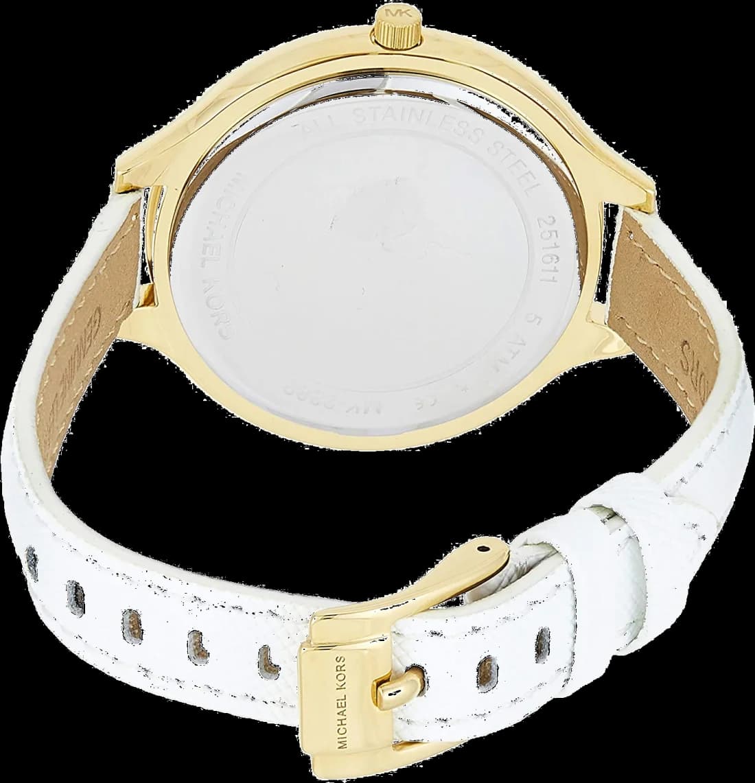 Visage cadran Michael Kors MK2389 index bâton aiguilles dorées guichet date 3h verre minéral blanc nacré