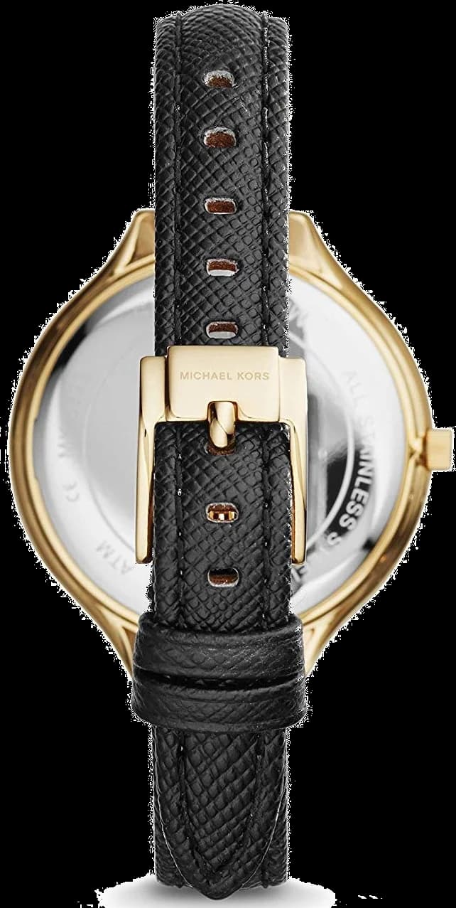Attache bracelet Michael Kors MK2392 en cuir noir grainé fermoir boucle ardillon, coutures contrastantes et doublure cuir