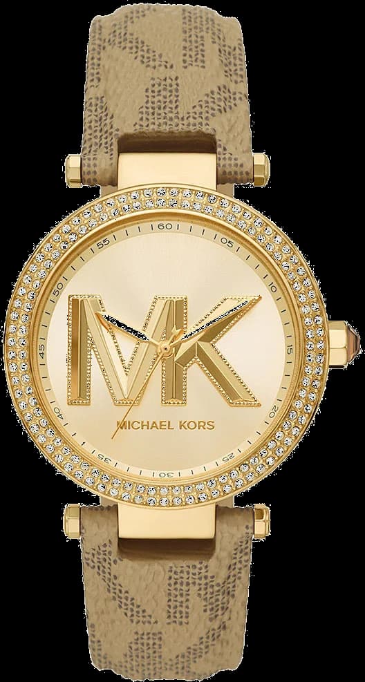 Garde-temps Michael Kors MK2973 affichant cadran soleil argenté avec index bâtons et aiguilles dorés, style classique moderne