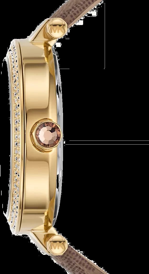 Visage cadran Michael Kors MK2973 avec cadran soleil argenté, index appliques bâtons, aiguilles dauphine dorées, guichet date à 3h