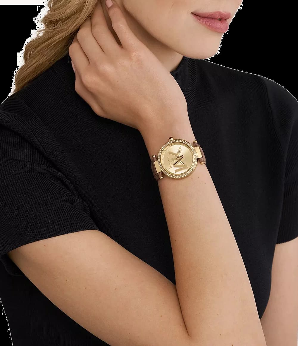 Attache bracelet Michael Kors MK2973 en cuir marron imprimé motif MK, boucle ardillon en acier inoxydable doré, coutures contrastées