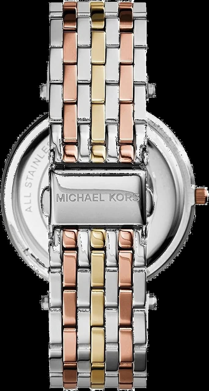 Attache bracelet Michael Kors MK3203 en acier inoxydable bicolore or rose et argent maillons finis satinés et polis fermoir déployante