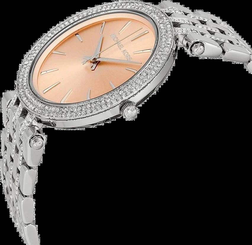 Visage cadran Michael Kors MK3218 détail des index appliqués et aiguilles dauphine, guichet date à 3h sur fond argenté soleillé