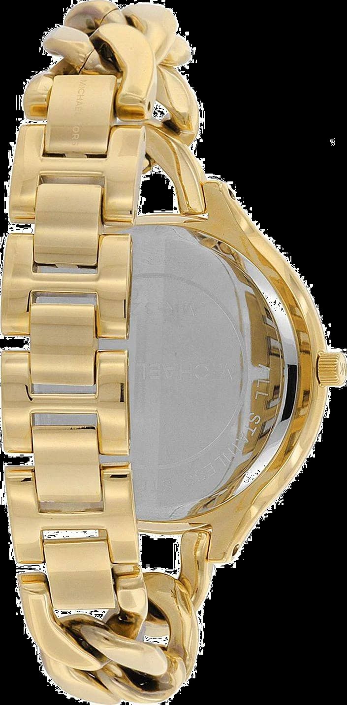 Visage cadran Michael Kors MK3222 avec index bâtons dorés, aiguilles dauphine et date à 3h, précision quartz