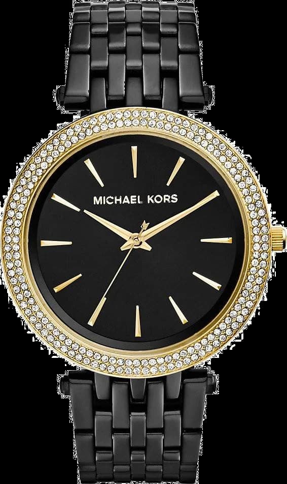 Garde-temps Michael Kors MK3322 arborant un cadran noir soleillé avec index bâtons et aiguilles dorés, style moderne