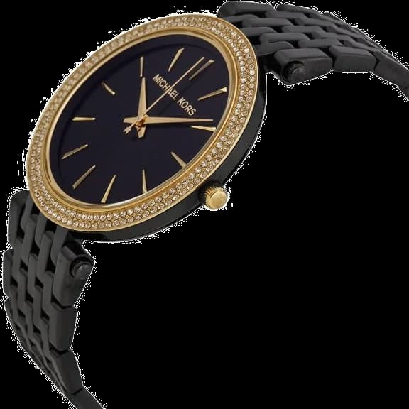Visage cadran Michael Kors MK3322 dévoile des aiguilles dorées et index appliqués, date à 3h sur fond noir