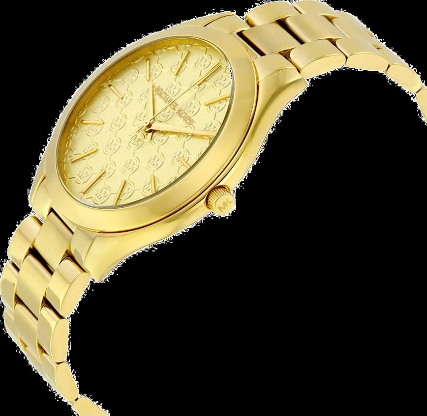 Visage cadran Michael Kors MK3335 affiche index appliqués dorés et date à 3h sur fond champagne