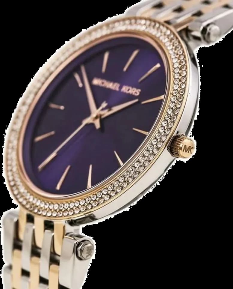 Visage cadran Michael Kors MK3353 révèle index appliqués et aiguilles dauphine dorées sur fond violet dégradé, date à 3h