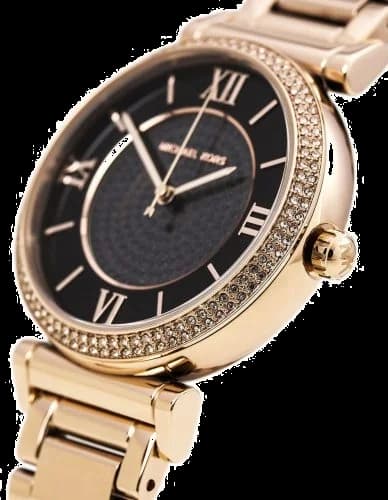 Visage cadran Michael Kors MK3356 avec index à cristaux et aiguilles dorées sur fond noir