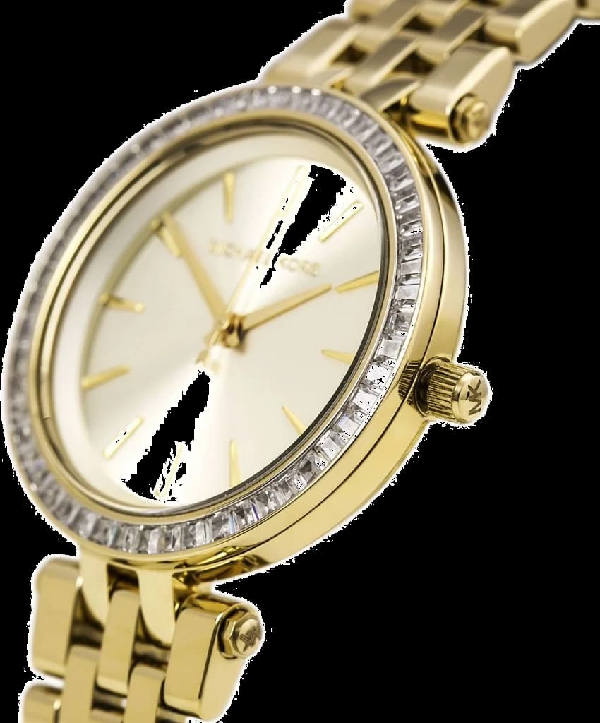 Visage cadran Michael Kors MK3365 dévoile index appliques dorés et aiguilles bâtons sur fond soleil argenté