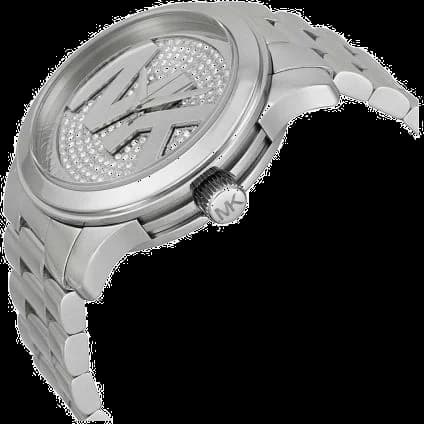Visage cadran Michael Kors MK3375 dévoile aiguilles dauphine polies et logo MK à midi sur fond soleil