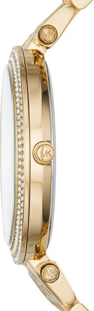 Visage cadran Michael Kors MK3398 avec index appliqués dorés, aiguilles dauphine et guichet date à 3h, cadran blanc