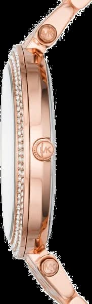 Visage cadran Michael Kors MK3400 détail des index appliqués en or rose et aiguilles dauphine pour lisibilité parfaite sur fond violet