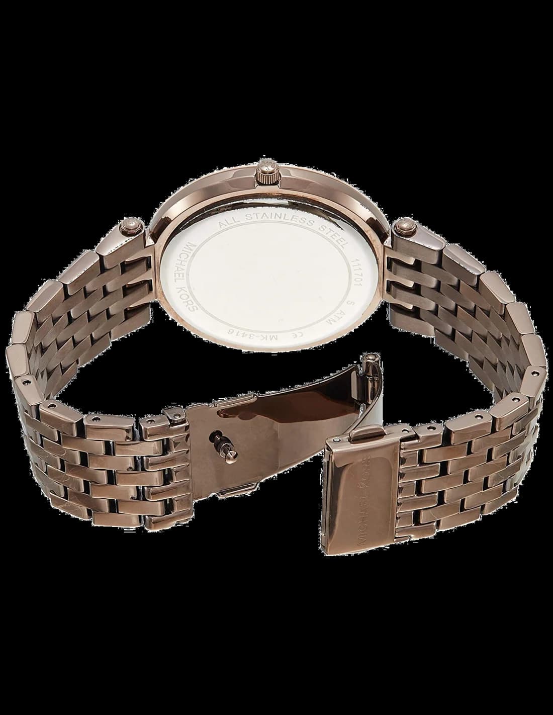 Visage cadran Michael Kors MK3416 présentant index appliques et date à 3h sur fond marron