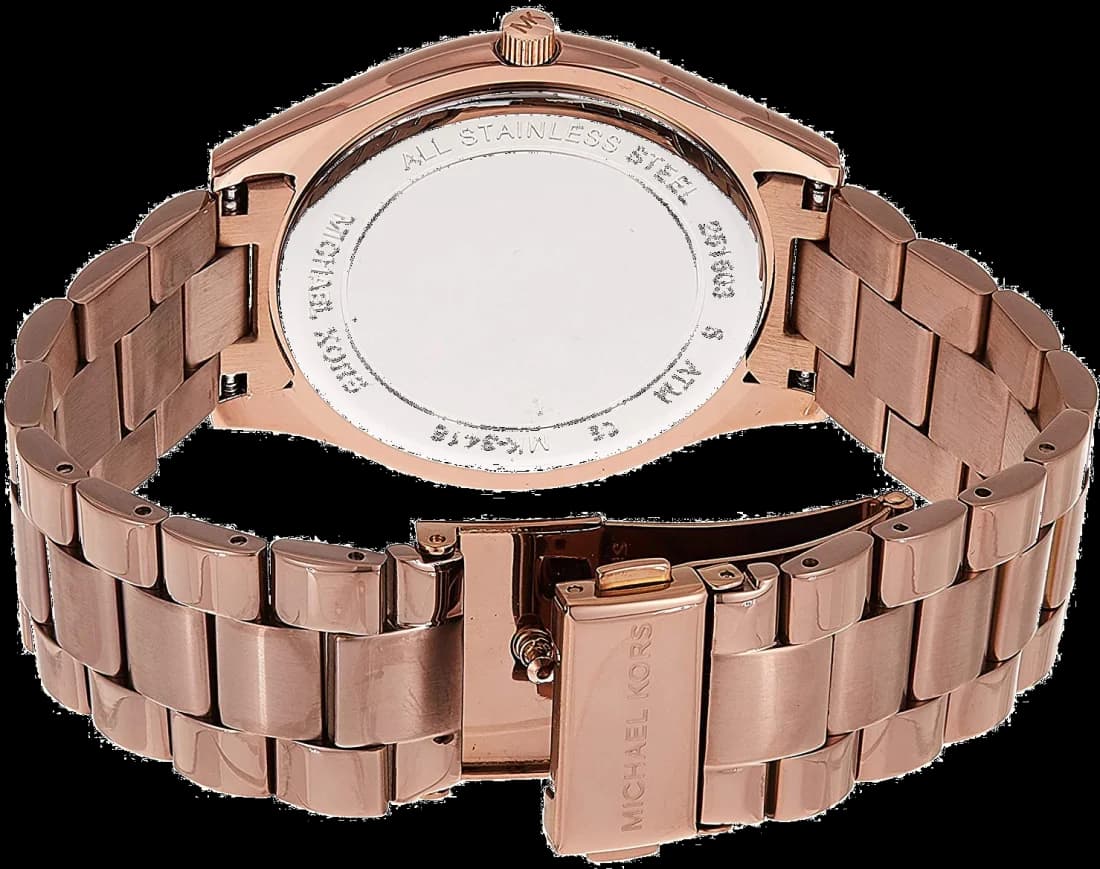 Attache bracelet Michael Kors MK3418 en acier inoxydable bicolore marron et or rose, fermoir déployante sécurisé, maillons ajustables