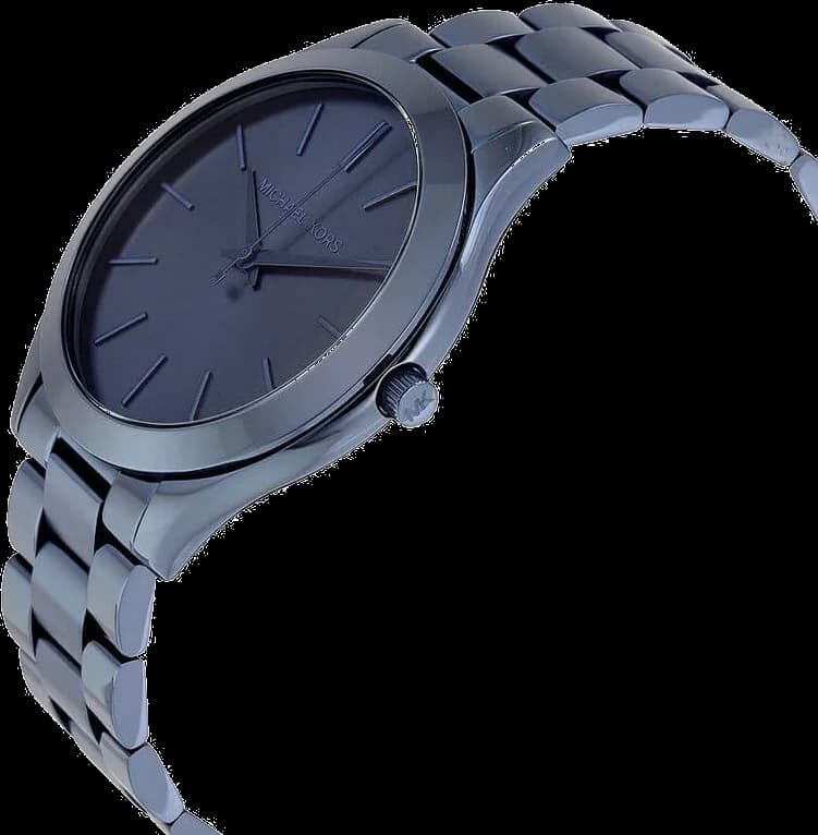 Visage cadran Michael Kors MK3419 aux aiguilles dauphine et guichet date à 3h sur fond bleu texturé