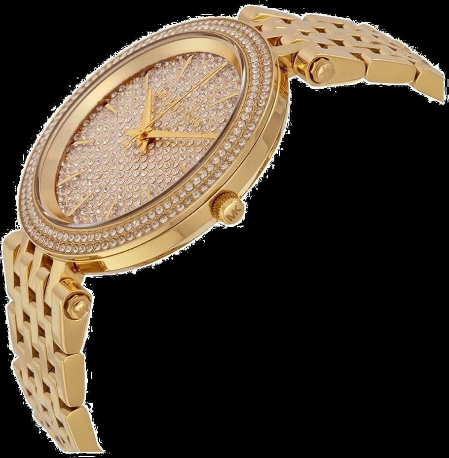 Visage cadran Michael Kors MK3438 avec index appliques dorés et cristaux lumineux, aiguilles bâtons dorées pour une lisibilité optimale