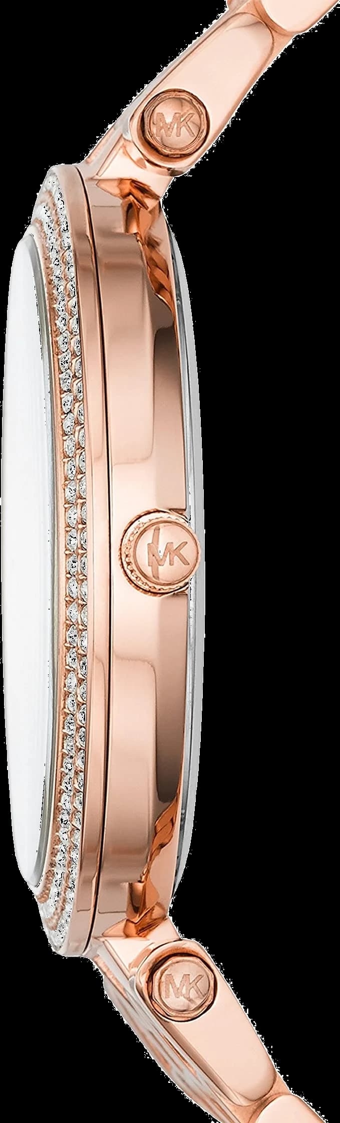 Visage cadran Michael Kors MK3439 présente index appliqués dorés, aiguilles dauphine et guichet date à 3h, complications minimalistes