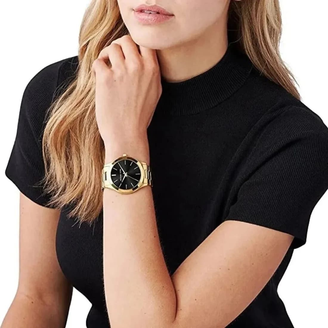 Lunette boîtier Michael Kors MK3478 en acier doré poli, lunette lisse fine, vue de profil élancée